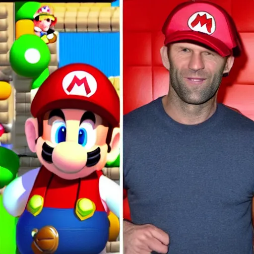 Prompt: jason statham in the movie super mario bros dressed as mario