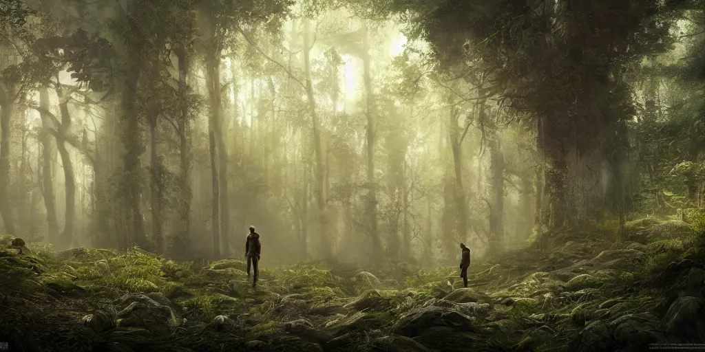 Image similar to a man standing in the middle of a forest, a detailed stunning matte painting, cgsociety, fantasy art, cryengine, matte painting, reimagined by industrial light and magic