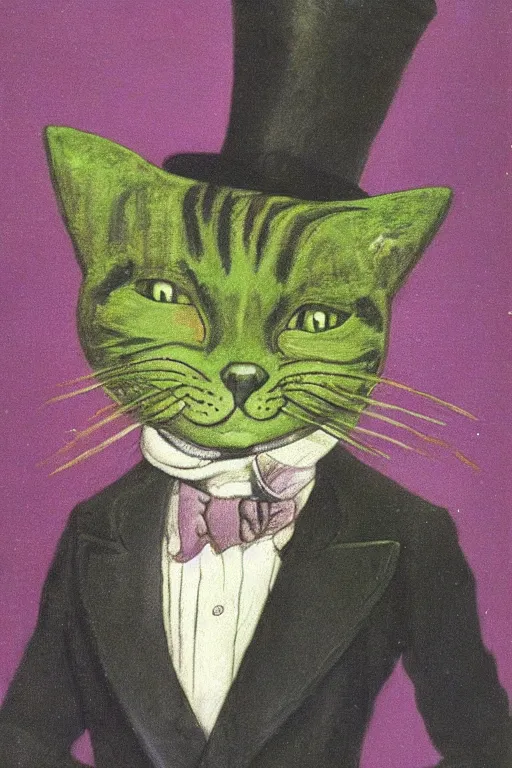 Image similar to 3 / 4 portrait of a cat wearing a top hat and a green three piece suit with a fish in its mouth, by louis wain and david tibet