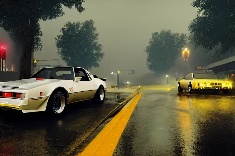 Image similar to hyperdetailed, photorealistic photograph of a 1 9 8 2 pontiac firebird trans - am drifting in the streets, rain, night, dense fog, hd, unreal engine 5 by greg rutowski, by stanley artgerm, by alphonse mucha