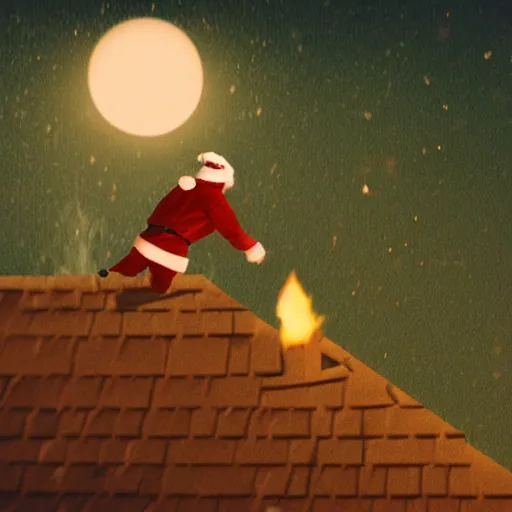 Image similar to a grainy realistic photograph of santa ontop of a rooftop climbing down a chimney at night, shot on an old polaroid camera, grainy vhs texture 4 k, realistic, unreal engine 5, sharp details, 3 0 0 dpi