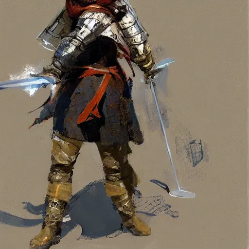 Image similar to portrait of woman wearing helmet and gambeson and chainmail swinging sword, aggressive stance, detailed by greg manchess, craig mullins, bernie fuchs, walter everett