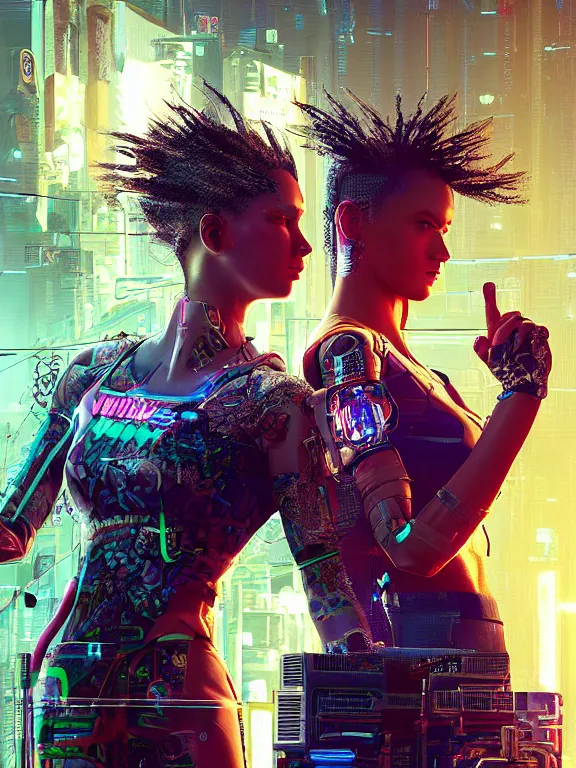 Image similar to a complex cyberpunk 2077 concept art ultra detailed of two veiled perfect human face female android queens praying together with lots of electric cable behind them connected to giant computer,bowknot, fine lace, GUCCI, sparkling, jewel embellishment, film lighting, by Andrei Riabovitchev,Stanely Artgerm, Tom Bagshaw, Andrei Riabovitchev, aaron horkey, trending on pinterest, full of color, mythological, high detailed,golden ratio,cinematic lighting