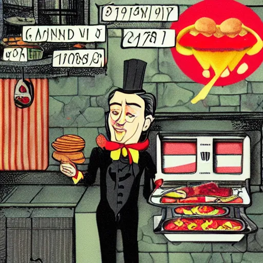 Prompt: Count Dracula cooking hamburgers