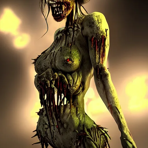 Image similar to angry zombie female in swim - suit, full body portrait, perfect body, rib cage open, horror core, apocalyptic, feeling of grimdark, sharp focus, fiction, hyper detailed, digital art, trending in artstation, cinematic lighting, studio quality, smooth render, unreal engine 5 rendered, octane rendered, art style and nixeu and wlop and krenz cushart