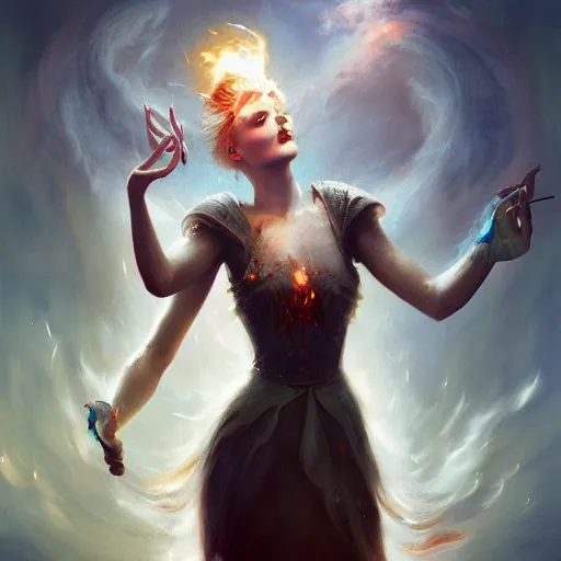 Prompt: freezing sorceress throwing a fire spell, surrealistic digital oil painting by jparked, gilles beloeil, tom bagshaw, feng zhu, tom bagshaw, concept art