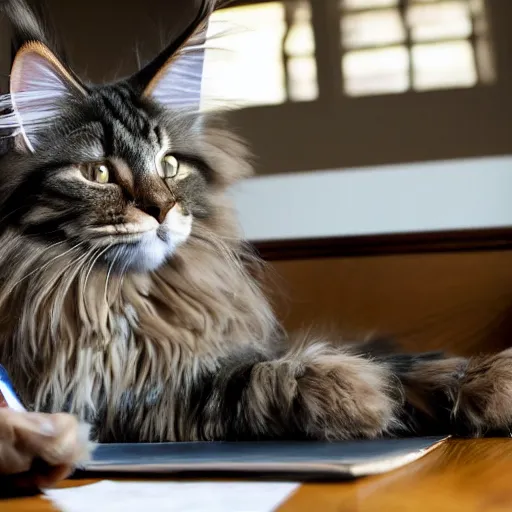 Image similar to my maine coon cat typing up a list of grievances to email to the management about the lack of treats. 3D, Pixar, animated movie still