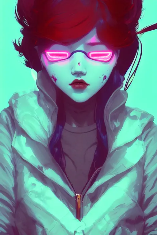 Image similar to techno music - wave highly detailed portrait female in edm club, with kitsune mask, long red hair, by atey ghailan, by greg rutkowski, by greg tocchini, by james gilleard, by joe fenton, by kaethe butcher, dynamic lighting, gradient light blue, brown, blonde cream and white color scheme, grunge aesthetic