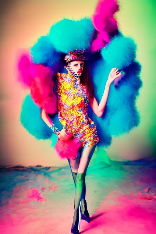 Image similar to realistic photoshooting for crazy fashion catwalk, couture, bright colors, vhs colour photography, fashion photography, vogue, 8 0 mm lens, 1. 2 aperture, cinematic light