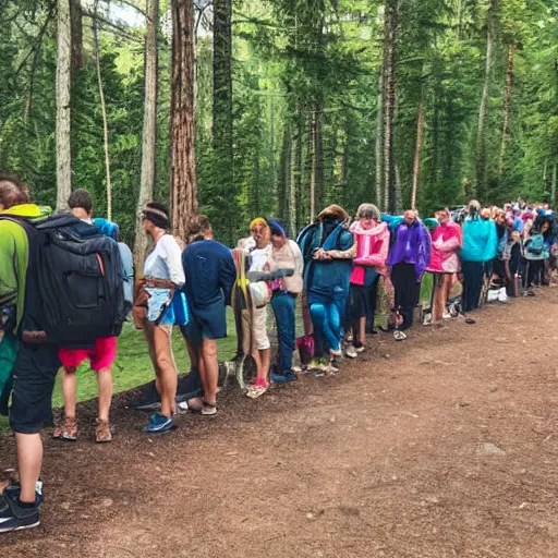 Image similar to people waiting in line before a toilet on a camping