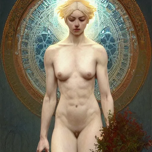 Image similar to portrait of a beautiful ethereal delicate roman catholic bishopress meditative sacral pose catholic stages of the cross, white hair, intricate, elegant, highly detailed, digital painting, artstation, concept art, smooth, sharp focus, illustration, art by krenz cushart and artem demura and alphonse mucha