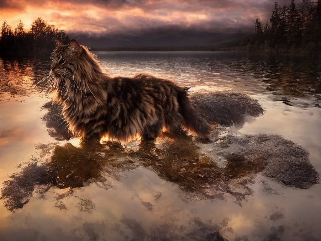 Image similar to amazing landscape photo of a maine coon bathing in a lake in sunset by marc adamus, beautiful dramatic lighting