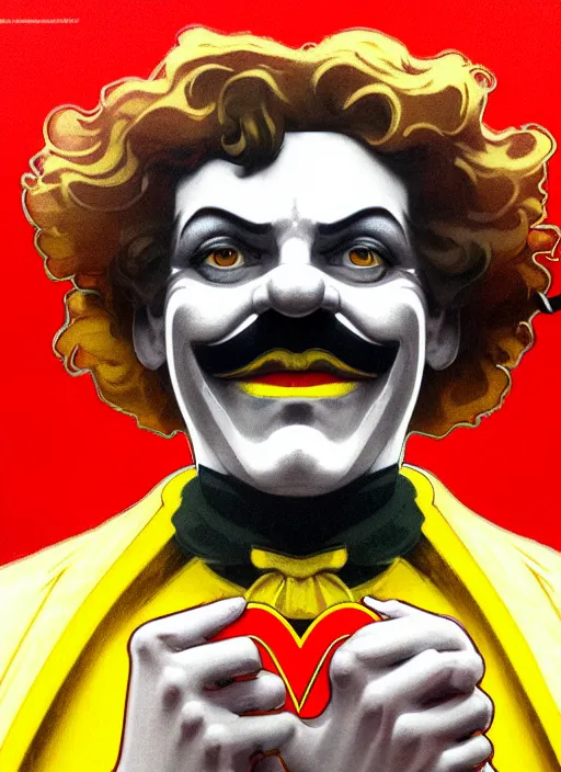 Image similar to close up portrait of ronald mcdonald, yellow jumper with white collar, sinister by artgerm, cushart krenz, greg rutkowski, mucha. art nouveau. gloomhaven, golden arches logo, pale colors, sharp edges. ultra clear detailed. 8 k. elegant, intricate, octane render