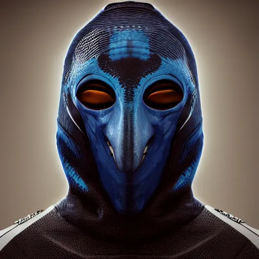 Image similar to a highly detailed, portrait of a man with black hair with a black medical mask, in a hood in the form of a blue shark with white teeth, artstation, DeviantArt, professional, octane render, digital art