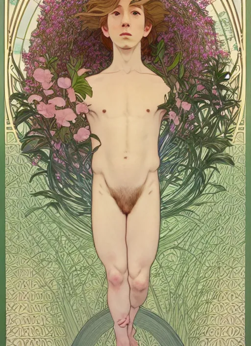 Image similar to book cover, pretty young man with shoulder length blond hair, male, half body shot, flower pattern background, path traced, highly detailed, high quality, digital painting, by studio ghibli and alphonse mucha, leesha hannigan, hidari, art nouveau, chiho aoshima, jules bastien - lepage