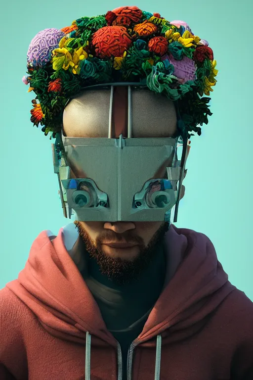 Image similar to a man with a flower crown on his head, cyberpunk art by filip hodas, mike winkelmann, cgsociety, afrofuturism, retrofuturism, made of flowers, octane render, rendered in cinema 4 d