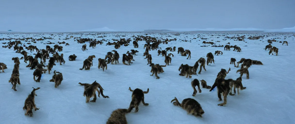 Prompt: filmic extreme wide shot movie still 4 k uhd interior 3 5 mm film color photograph of a bunch of creatures running around mcmurdo station in antartica