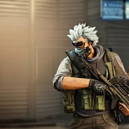 Image similar to Rick Sanchez in Call of Duty black ops, highly detailed, high quality, HD, 4k, 8k, Canon 300mm, professional photographer, 40mp, lifelike, top-rated, award winning, realistic, sharp, no blur, edited, corrected, trending