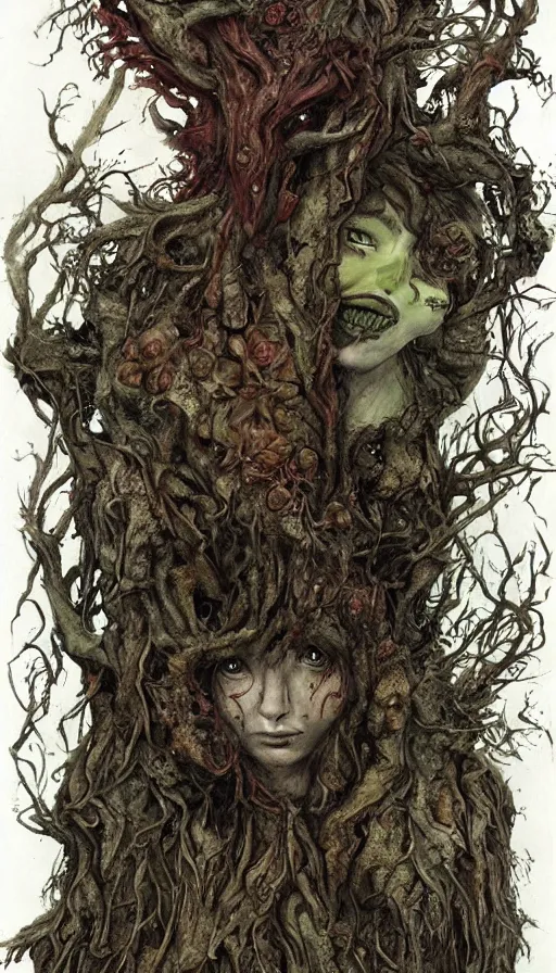 Image similar to rotten tree spirit dryad with a beautiful face and flaming mouth and eyes + mushrooms + fungi + lichen + sketch lines + graphite texture + old parchment + guillermo del toro concept art + justin gerard monsters, intricate ink illustration