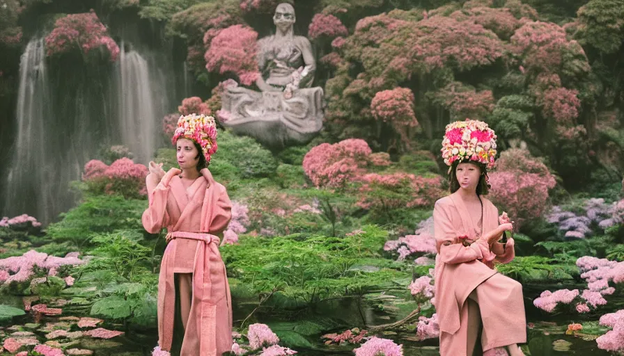 Image similar to , movie still by wes anderson of a beautiful girl wearing gucci exploring a magical japanese garden with flowers, glowing temple in the distance, floating big magical deity heads with gucci headdresses, miniature eco - cities, dreamy - vibes, aesthetic feel, cinestill 8 0 0 t, high quality, very detailed, heavy grain, fine facial features, 8 k