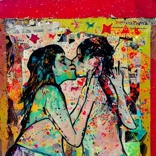 Prompt: two women kissing at a carnival in summer, mixed media collage, retro, paper collage, magazine collage, acrylic paint splatters, bauhaus, claymation, layered paper art, sapphic visual poetry expressing the utmost of desires by jackson pollock