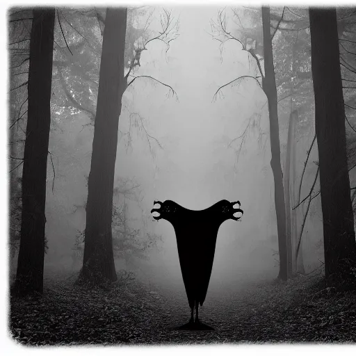 Prompt: disturbing creature with ghoulish face and long appendages, in a forest, black and white, realistic, with creepy fog