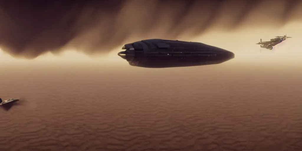 Prompt: screenshot from a renaissance airship cyberpunk cinematic masterpiece, small craft flying into a sandstorm, fps, cinematography, photo, photography, 4 k, by greg rutkowski, roger deakins