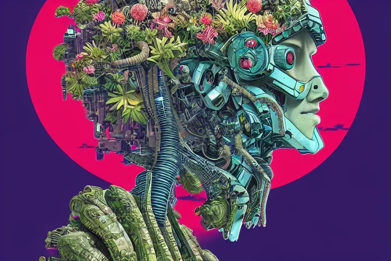 Image similar to gigantic mecha head with lot of details, a lot of exotic vegetation, trees, flowers by moebius, dull colors, junji ito, tristan eaton, victo ngai, artgerm, rhads, ross draws, hyperrealism, intricate detailed, risograph