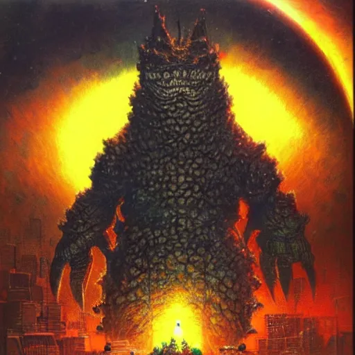 Image similar to a large anthropomorphic godzilla shaped mecha by paul lehr and moebius