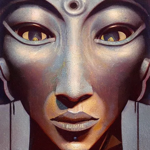 Image similar to detailed face of a woman with obsidian eyes in a biomorphic courtyard with dna sculptures at a science expo, atmospheric, ambient, pj crook, syd mead, livia prima, artgerm, greg rutkowski, nick alm, casey baugh