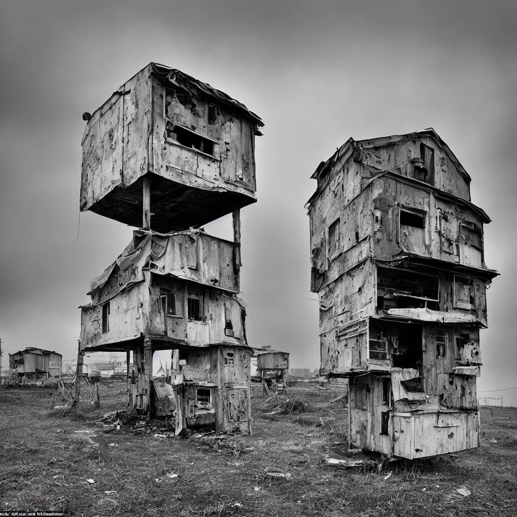 Prompt: high towers, made up of colourful makeshift squatter shacks, bleached, misty, moody sky at the back, dystopia, mamiya, f 1 1, fully frontal view, very detailed, ultra sharp, photographed by roger ballen