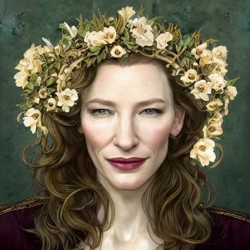Image similar to Portrait of cate blanchett wearing a floral crown, olive skin, long dark hair, beautiful bone structure, shiny gold background, intricate, elegant, highly detailed, digital painting, artstation, concept art, smooth, sharp focus, illustration, art by artgerm and greg rutkowski and alphonse mucha