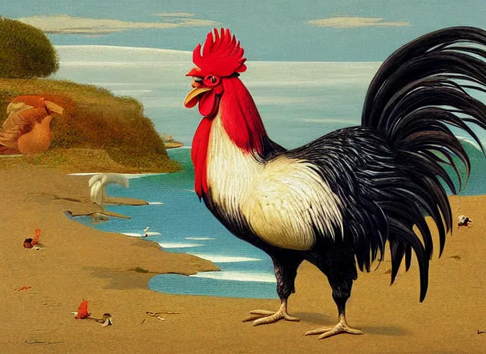 Image similar to rooster, beach, painting, fine art, hard edge painting, tonal colors, polychromatic - colors, by richard dadd