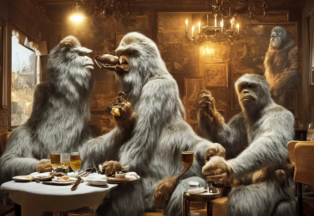 Prompt: accidentally wes anderson award - winning photograph of yeti and bigfoot eating lung in paris restaurant, accidental renaissance, golden ratio, fibonacci composition, 4 k, detailed, art by greg rutkowsky, trending on artstation, cinematic lighting, filmic grain, golden hour, detailed, 4 k