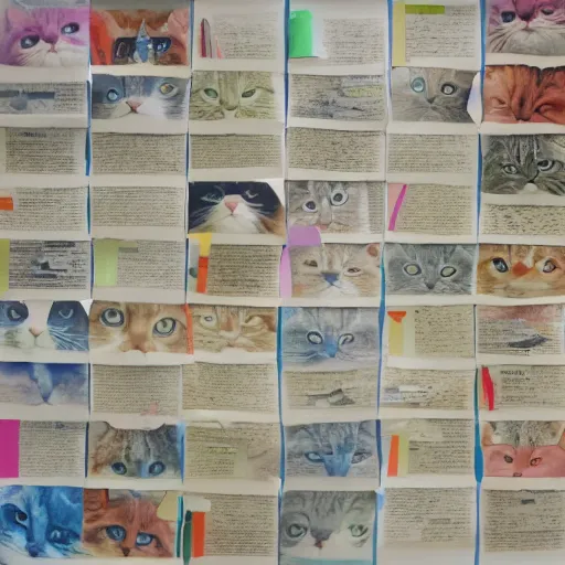 Image similar to Accurate representation of cat collage made out of cut coated and uncoated colored papers on two joined sheets of found newspaper