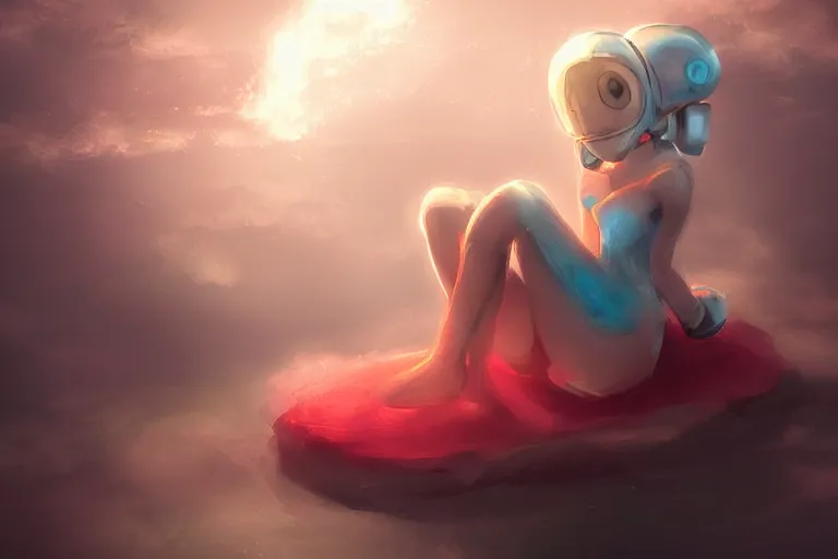 Image similar to a cute robot girl sitting on a cloud relaxing, red lighting, mist, digital art,