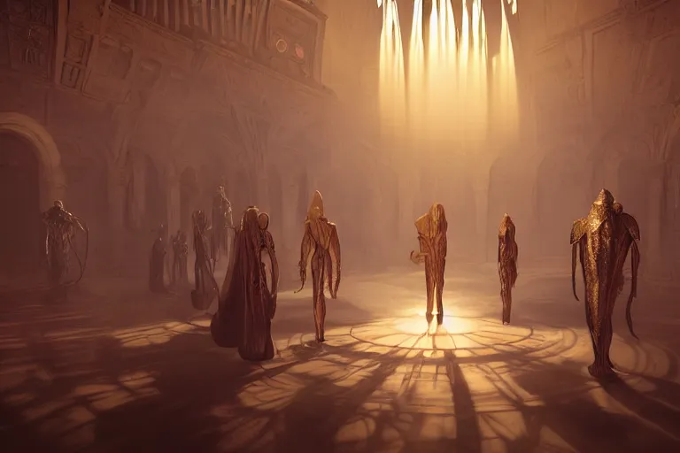 Image similar to cultist secret meeting with aliens taking place in an art deco townhall in a oriental medieval fantasy village. incredible voluminous indirect soft glow cinematic lighting, hyperdetailed features, movie still, intricate, octane render, unreal engine, crepuscular rays, god rays, by beeple and rhads and donato giancola