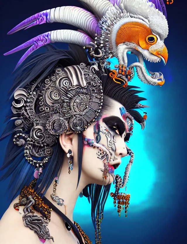 Image similar to 3 d photo realistic goddess close - up profile portrait punk with mohawk with ram skull. beautiful intricately detailed japanese crow kitsune mask and clasical japanese kimono. betta fish, jellyfish phoenix, bio luminescent, plasma, ice, water, wind, creature, artwork by tooth wu and wlop and beeple and greg rutkowski