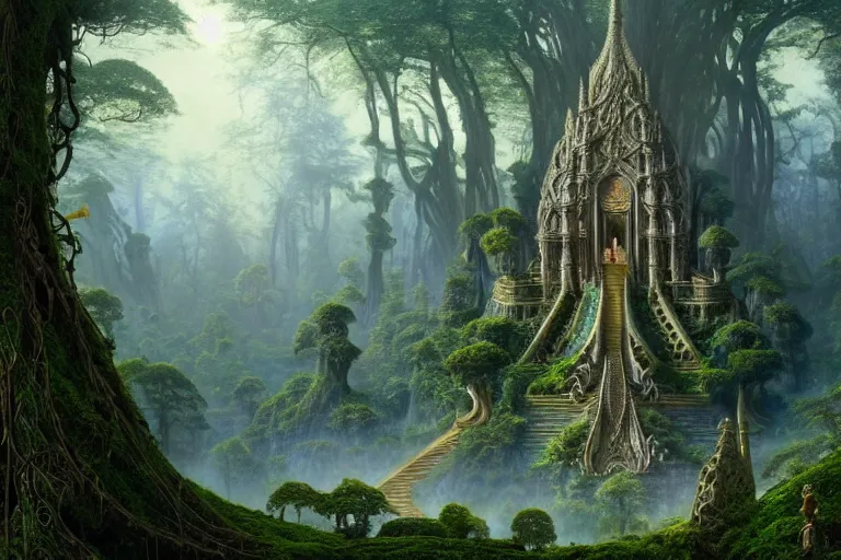 Image similar to a beautiful and highly detailed matte painting of a sacred elven tree temple in a valley in a lush forest in the misty mountains, psychedelic, celtic, intricate details, epic scale, insanely complex, 8 k, sharp focus, photorealism, artstation, cgsociety, by caspar friedrich, albert bierstadt, james gurney, brian froud,