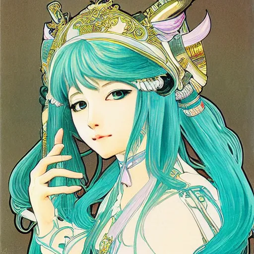 Prompt: hatsune miku, artwork by Alphonse Mucha, highly detailed