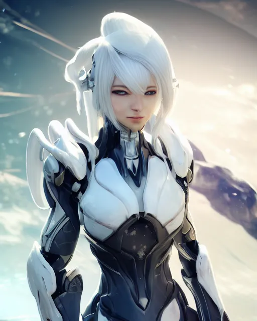 Image similar to perfect white haired girl, warframe armor, beautiful, dreamy, half asian, pretty face, blue eyes, detailed, sunny day, scifi platform, front lit, laboratory, experiment, 4 k, ultra realistic, epic lighting, cinematic, high detail, masterpiece, by masayoshi tanaka, akihiko yoshida, kazuya takahashi