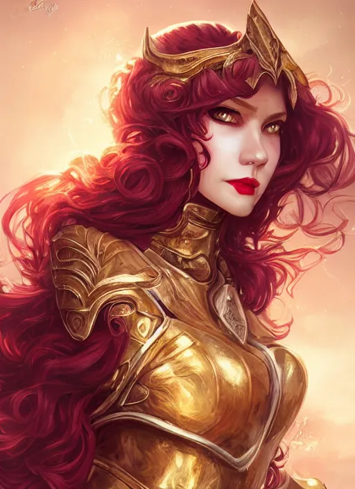 Prompt: full portrait of beautiful lady knight, golden armor, face details, gorgeous curly red hair, white skin, lipstick, golden eyes, high fantasy, extremely detailed, sharp focus, smooth, by zeronis, rossdraws, artgerm