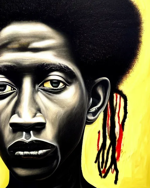 Prompt: A extremely ultra highly detailed majestic hi-res beautiful immaculate head and shoulders award winning painting stunning masterpiece of the face of a ultra highly detailed strong black African warrior man with an afro portrait by Jean-Michel Basquiat, 8k, high textures, ultra hyper sharp, insanely detailed and intricate, super detailed, 8k HDR ultra high quality, high detail, hyperrealist, photorealistic, octane render, cinematic, high textures, hyper sharp, 4k insanely detailed and intricate, surrealism, surrealist, real life, lifelike, 8k, hyper realistic, super detailed, realistic, 4k HDR hyper realistic high