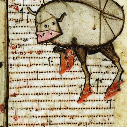 Prompt: a bad drawed cow mix of a seafish in a medieval manuscript, medieval manuscript, golden miniatures
