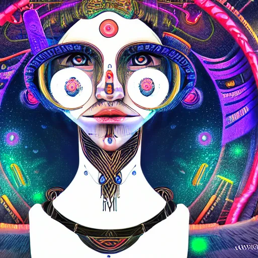 Image similar to portrait of a future metaverse tech shaman warrior, 2D cartoon, visionary art, symmetric, Magick symbols, holy halo, shipibo patterns, sci-fi, concept art, trending on art station, 8k digital art