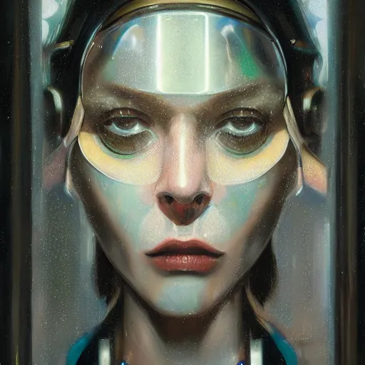 Prompt: detailed face of a clockwork woman, moment, cyberpunk cloisters, electronic billboards, tech noir, wet reflections, prism, atmospheric, ambient, pj crook, syd mead, livia prima, greg rutkowski, edward hopper