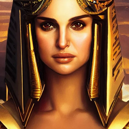 Image similar to a closeup portrait of a young natalie portman as cleopatra, gorgeous view, pyramid background, high detail, art by artgerm and greg rutkowski and alphonse mucha, digital art, trending on artstation