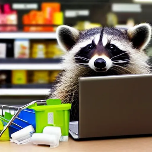 Prompt: happy raccoon pushing a grocery cart with medical supplies, a laptop perched on top, and a face mask hanging off a corner.