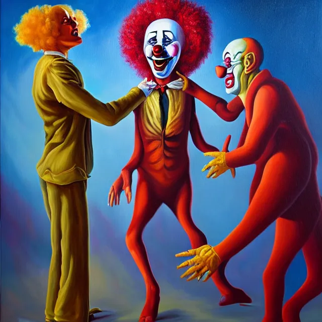 Image similar to an oil on canvas portrait painting of a clown meeting a demon, polycount, surrealism, surrealist, cosmic horror, high detail