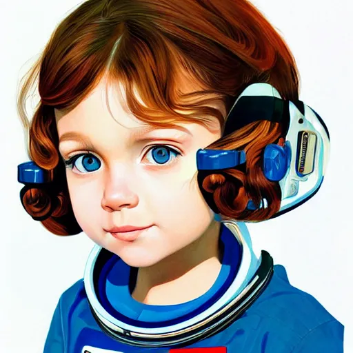 Image similar to a painting of a little girl with short wavy curly light brown hair and blue eyes, floating in space. she is an astronaut, wearing a space suit. beautiful detailed face line art by ilya kuvshinov and